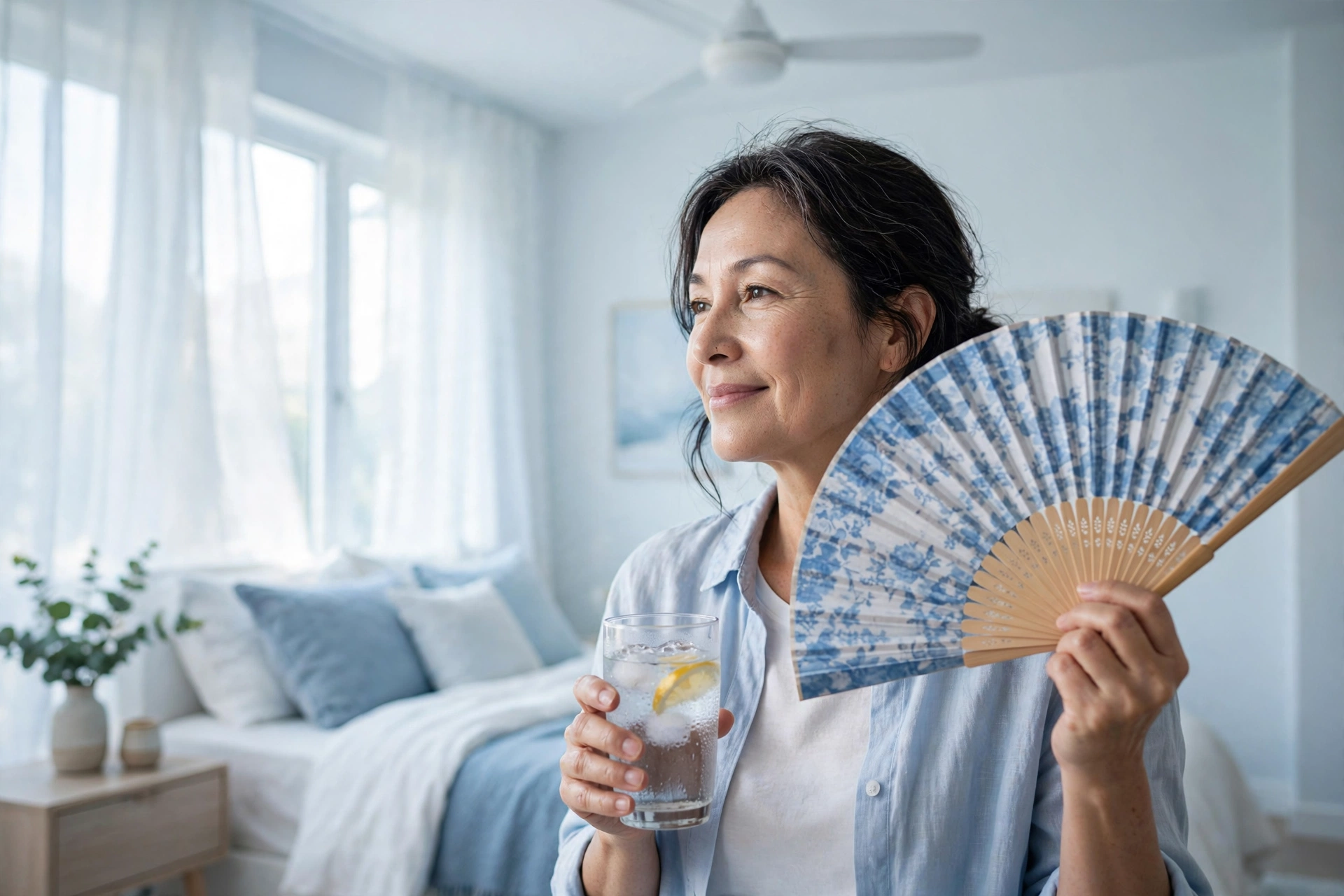 Middle-aged woman cooling herself with a fan and a glass of cold water in a bright bedroom
