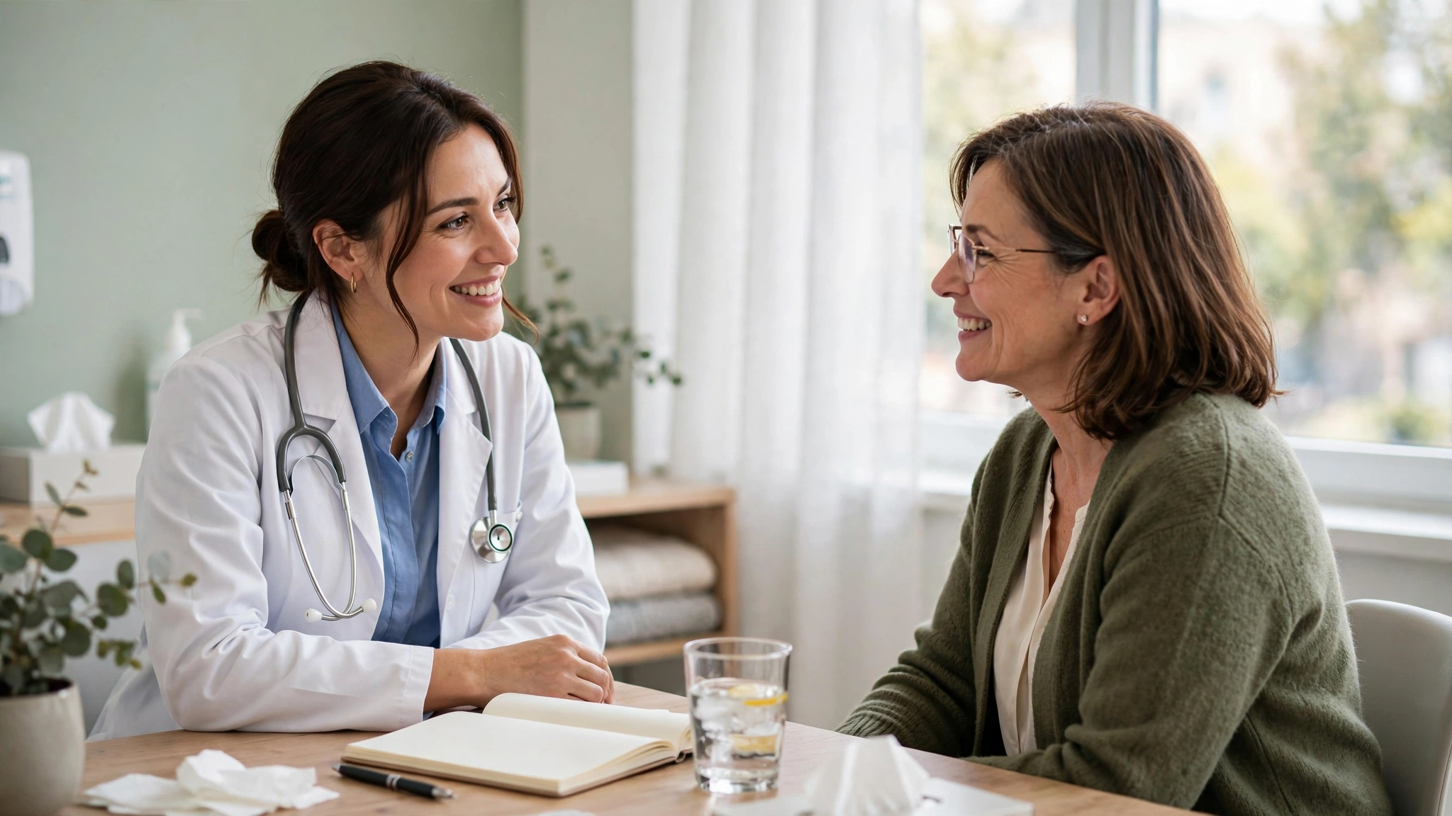 Female doctor consulting a middle-aged woman patient about menopause symptoms in a clinic — hot flashes non hormonal treatment