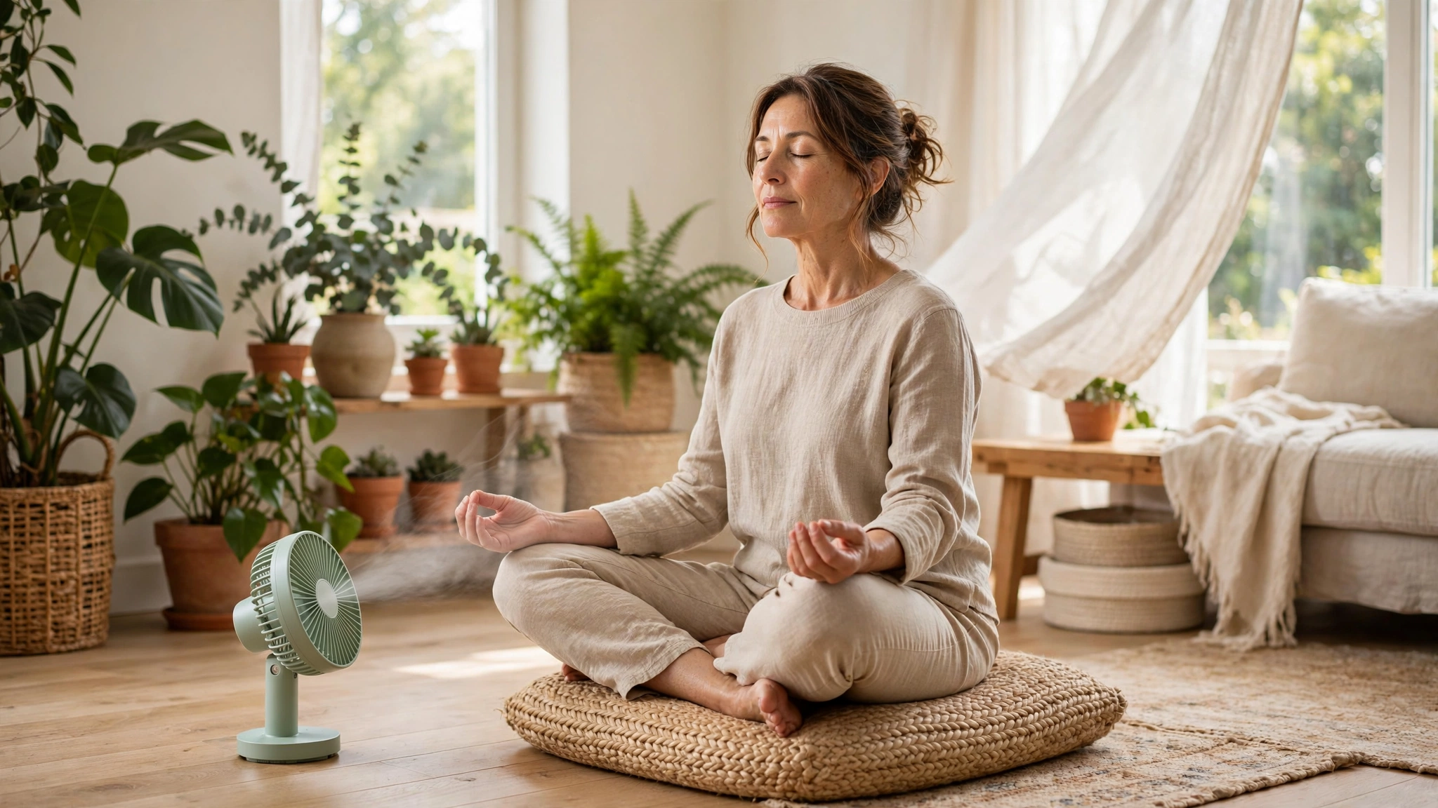 Woman practicing mindfulness meditation at home with a small fan beside her