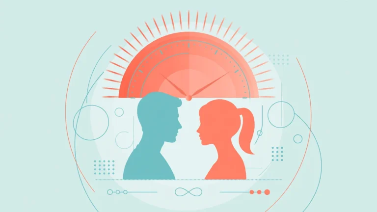 Tasteful abstract illustration of a couple and clock motif about how to make sex last longer