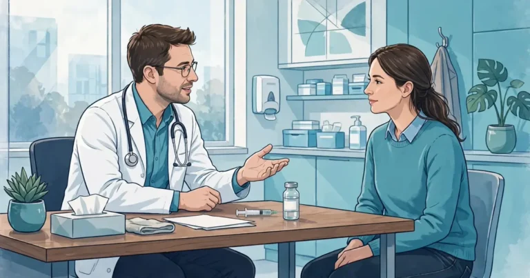 Doctor discussing the HPV vaccine with a patient in a modern clinic office