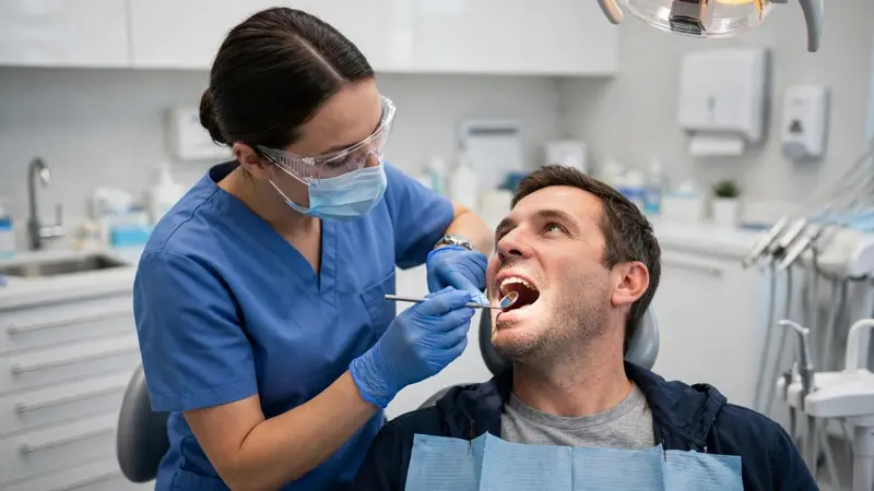 Dentist performing a routine oral health examination on an adult patient