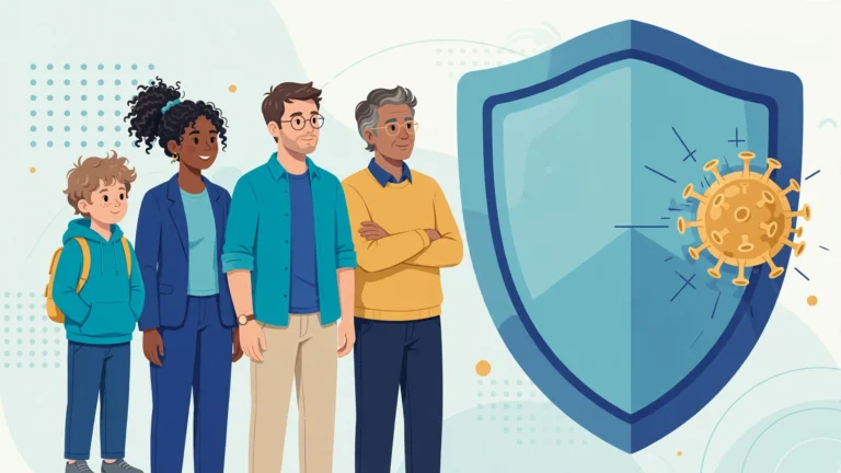 hpv vaccine who needs it: diverse group of people of all ages protected by a shield against HPV