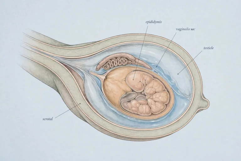 Hydrocele symptoms treatment — medical anatomical illustration of a hydrocele showing clear fluid collected in the sac around the testicle inside the scrotum