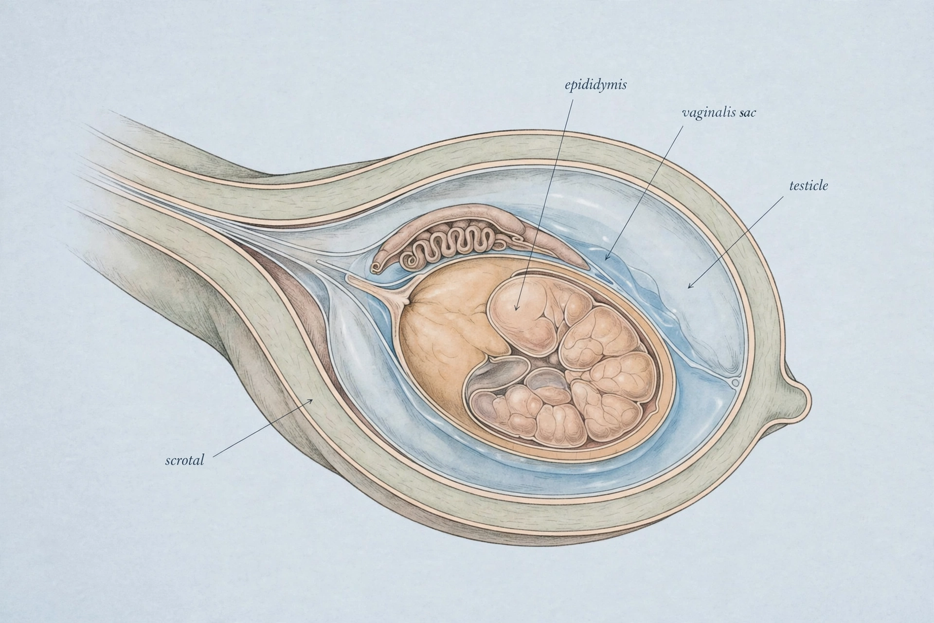 Hydrocele symptoms treatment — medical anatomical illustration of a hydrocele showing clear fluid collected in the sac around the testicle inside the scrotum