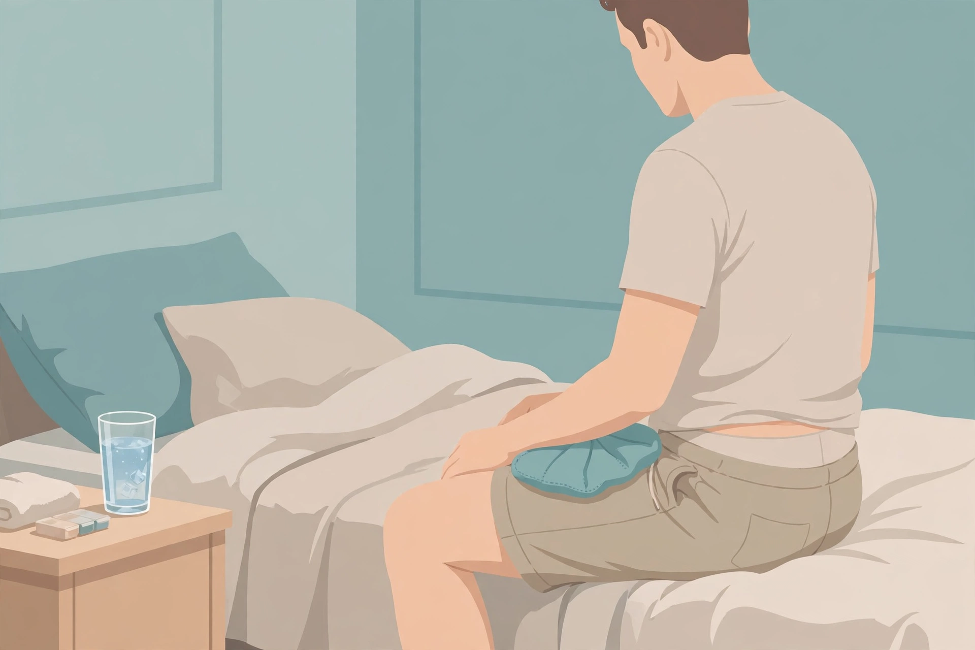 Man resting at home after hydrocelectomy surgery with an ice pack and water nearby during hydrocele recovery