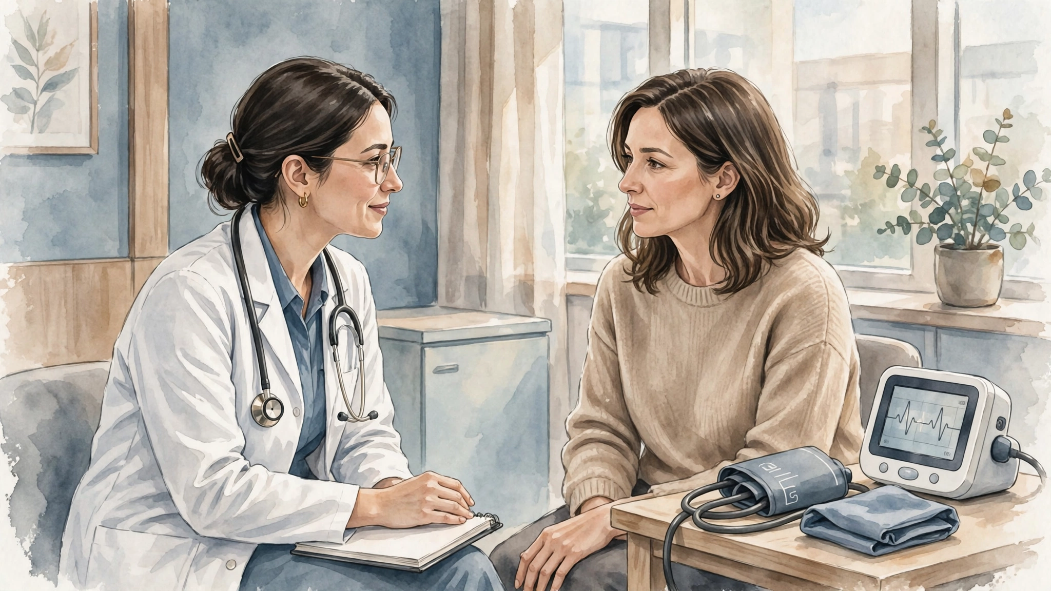 Female doctor discussing blood pressure and sex drive with a patient in a bright clinic