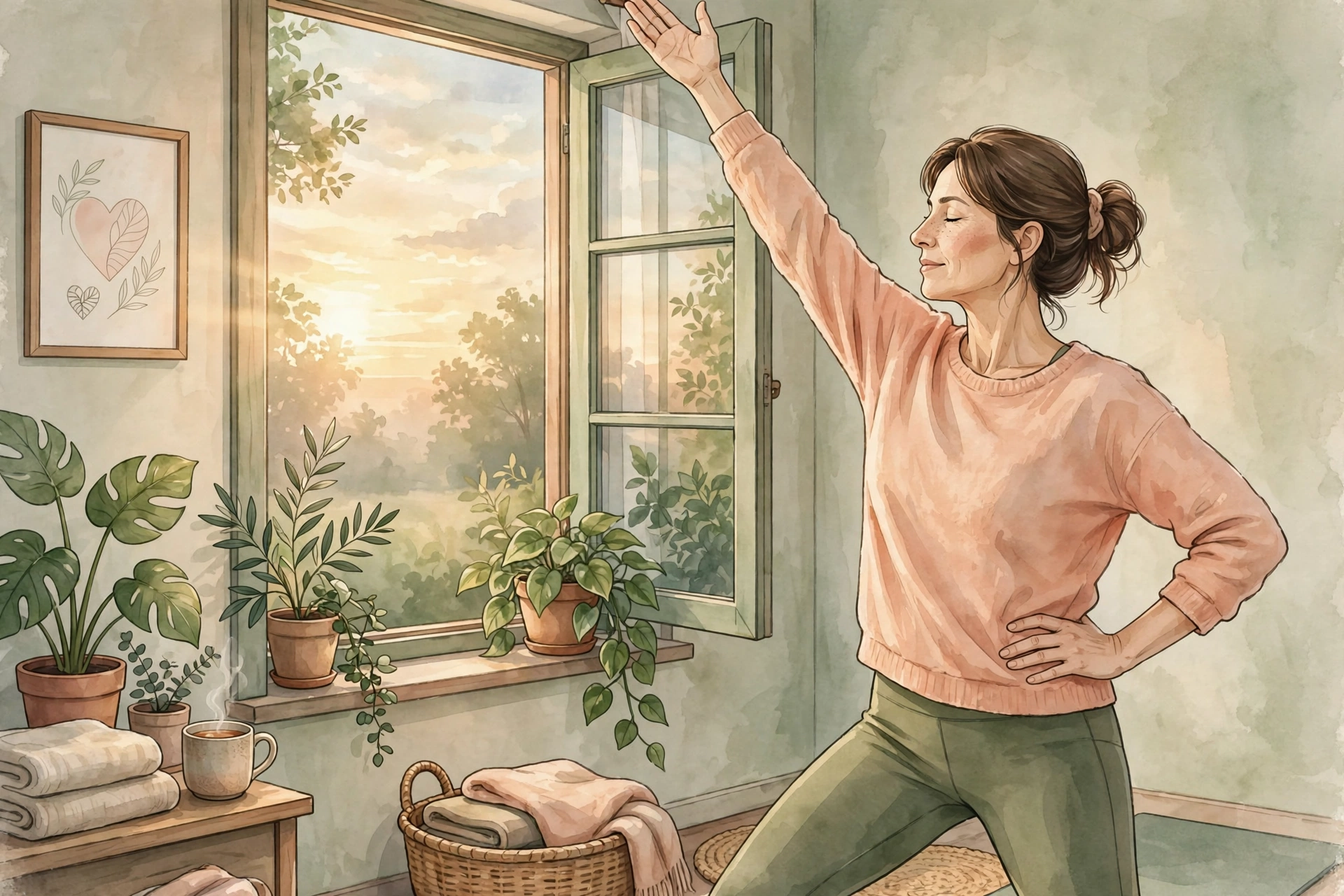 Woman doing gentle morning yoga, a healthy habit that supports blood pressure and desire