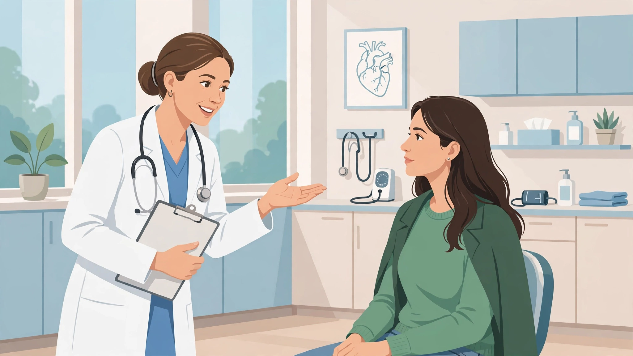 Female doctor consulting a woman about HSDD treatment options in a bright clinic