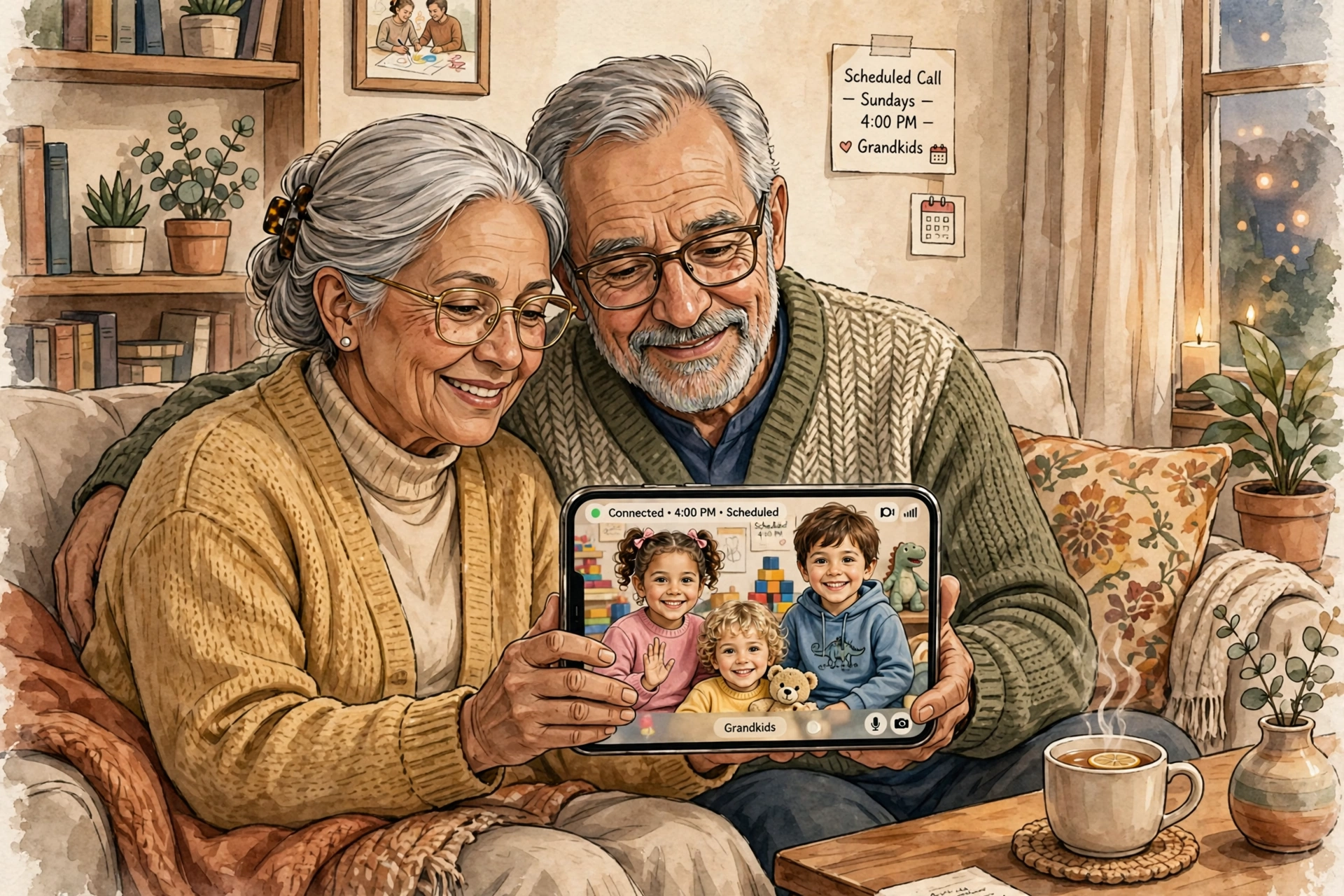 mother in law - Grandparents video-calling their grandchildren on a smartphone, showing scheduled and respectful family connection