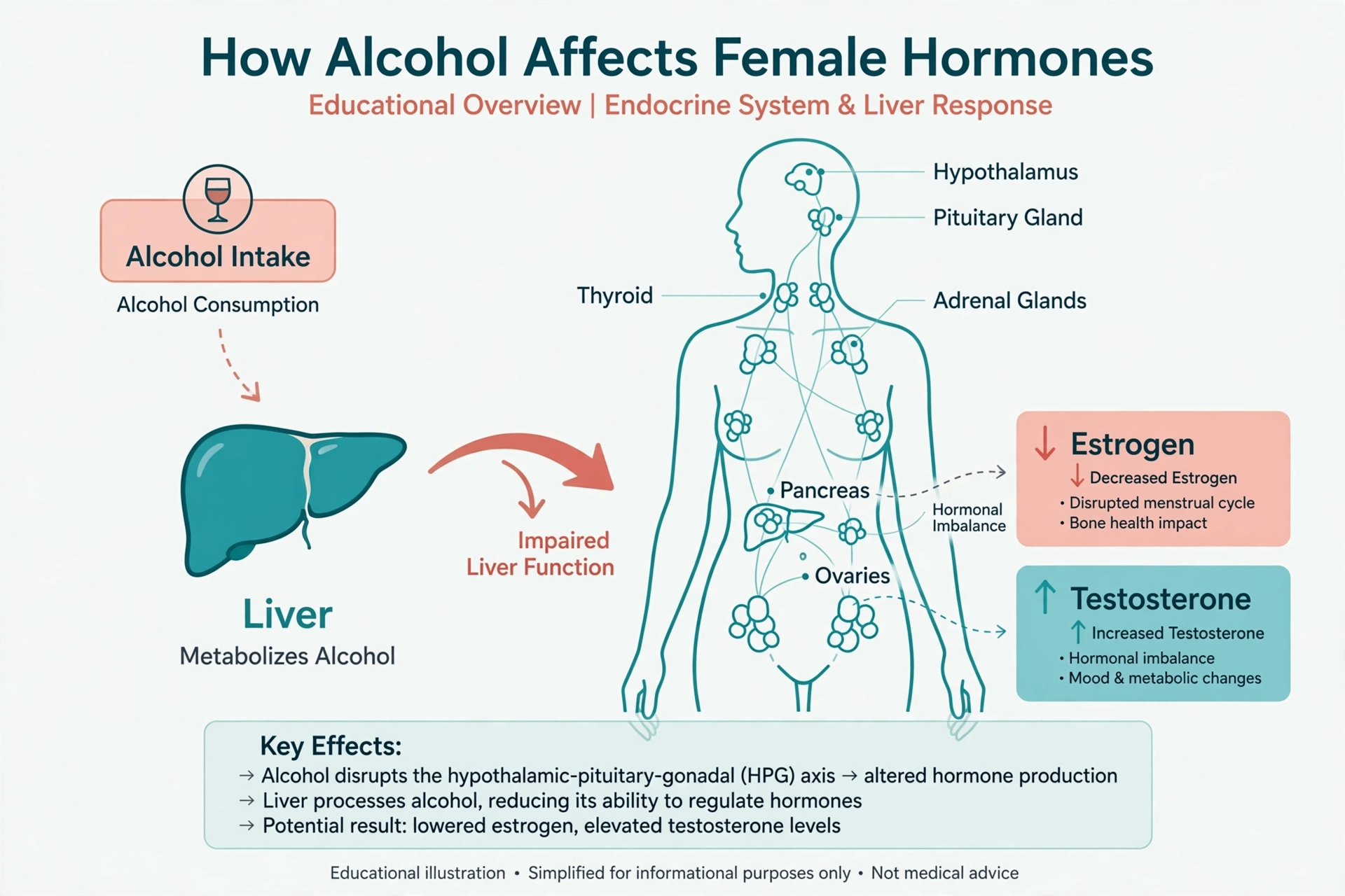 Educational medical diagram showing how alcohol affects female hormones including testosterone and estrogen pathways