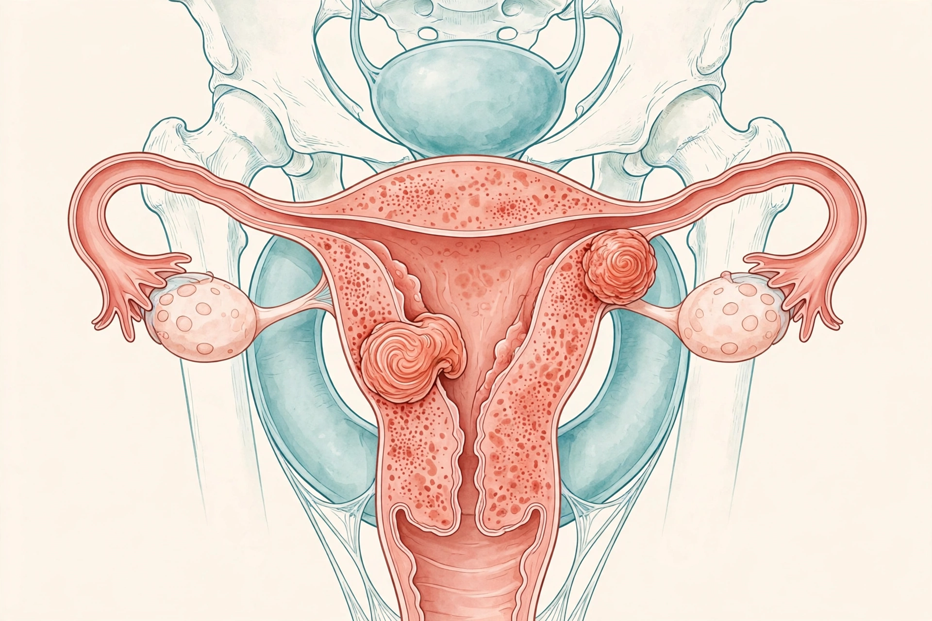 Clinical anatomical illustration of the uterus showing common causes of painful periods after 40 such as fibroids and adenomyosis