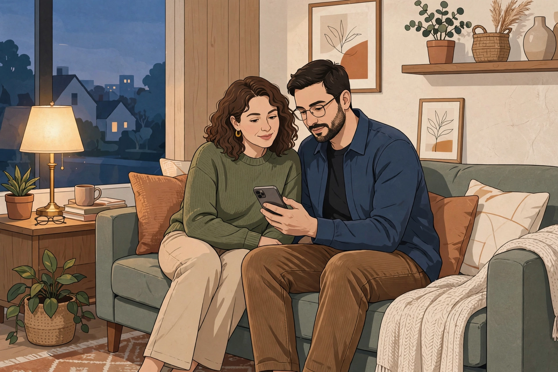 stressful messages - Illustration of a couple sitting together on a couch calmly reading a phone in a cozy living room