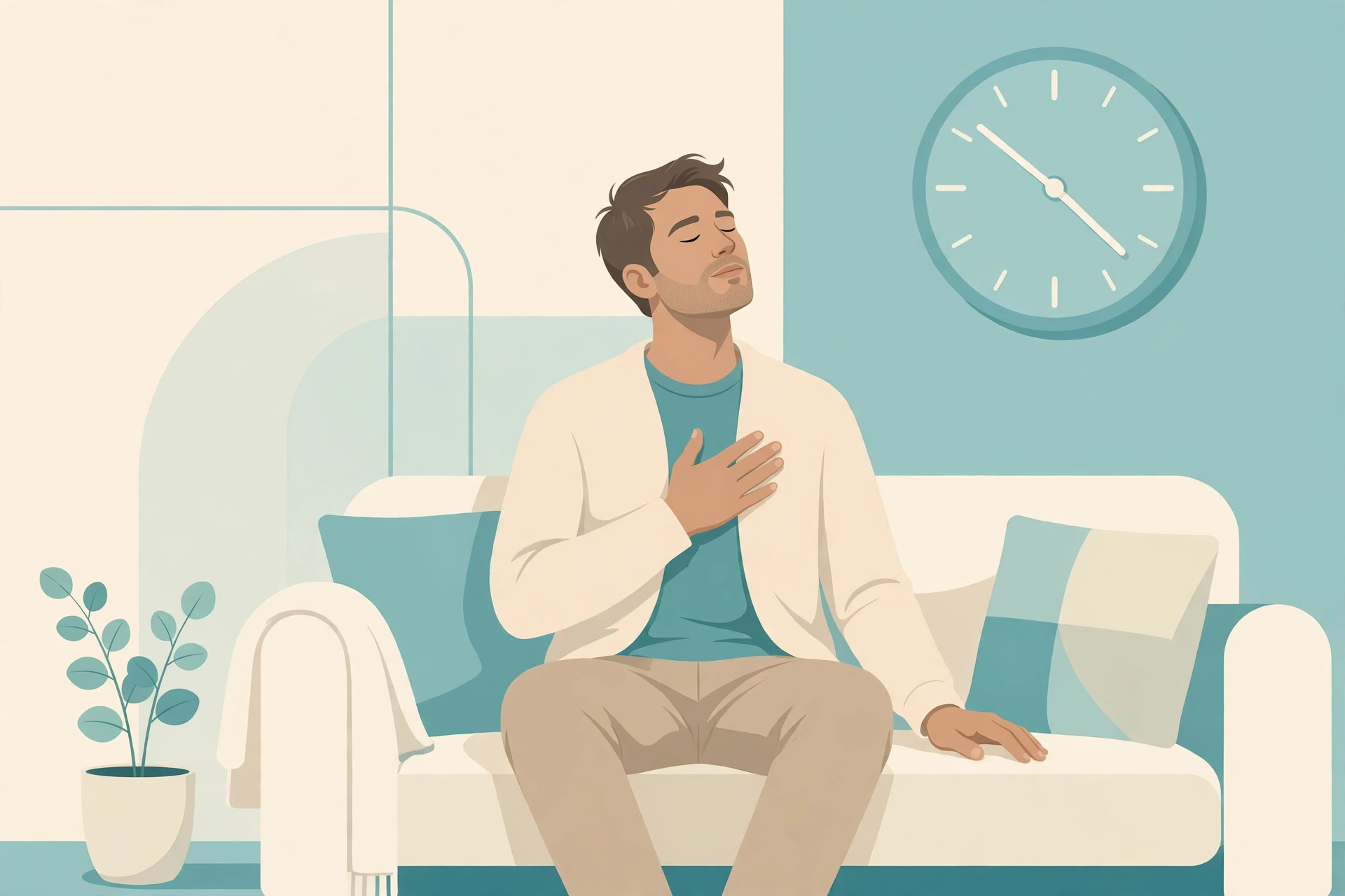 Man taking a slow calming breath during a pause in an argument, with a clock representing the 20-minute cool-down