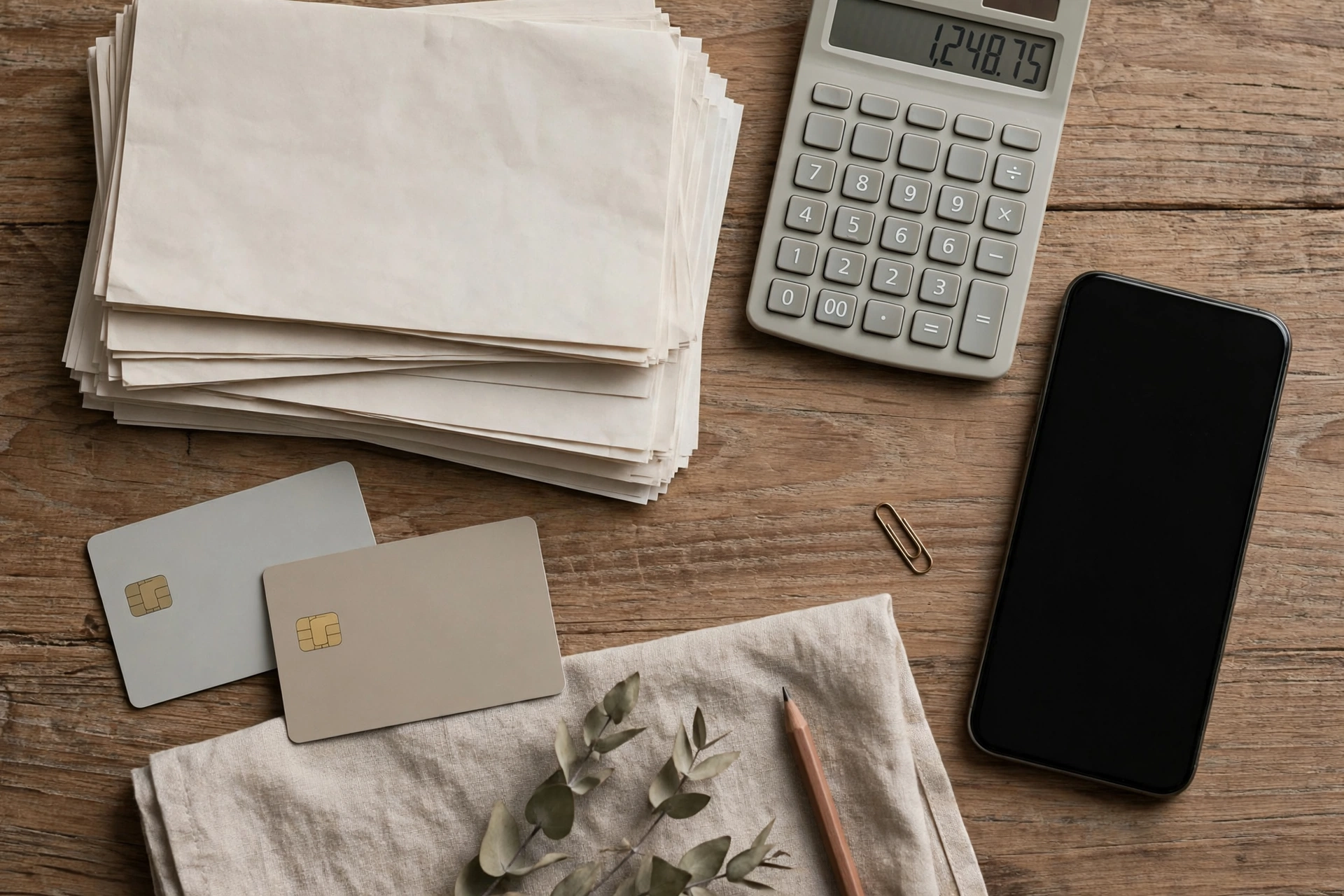 Credit cards, bank statements, a calculator and a smartphone on a desk, showing common forms of financial infidelity