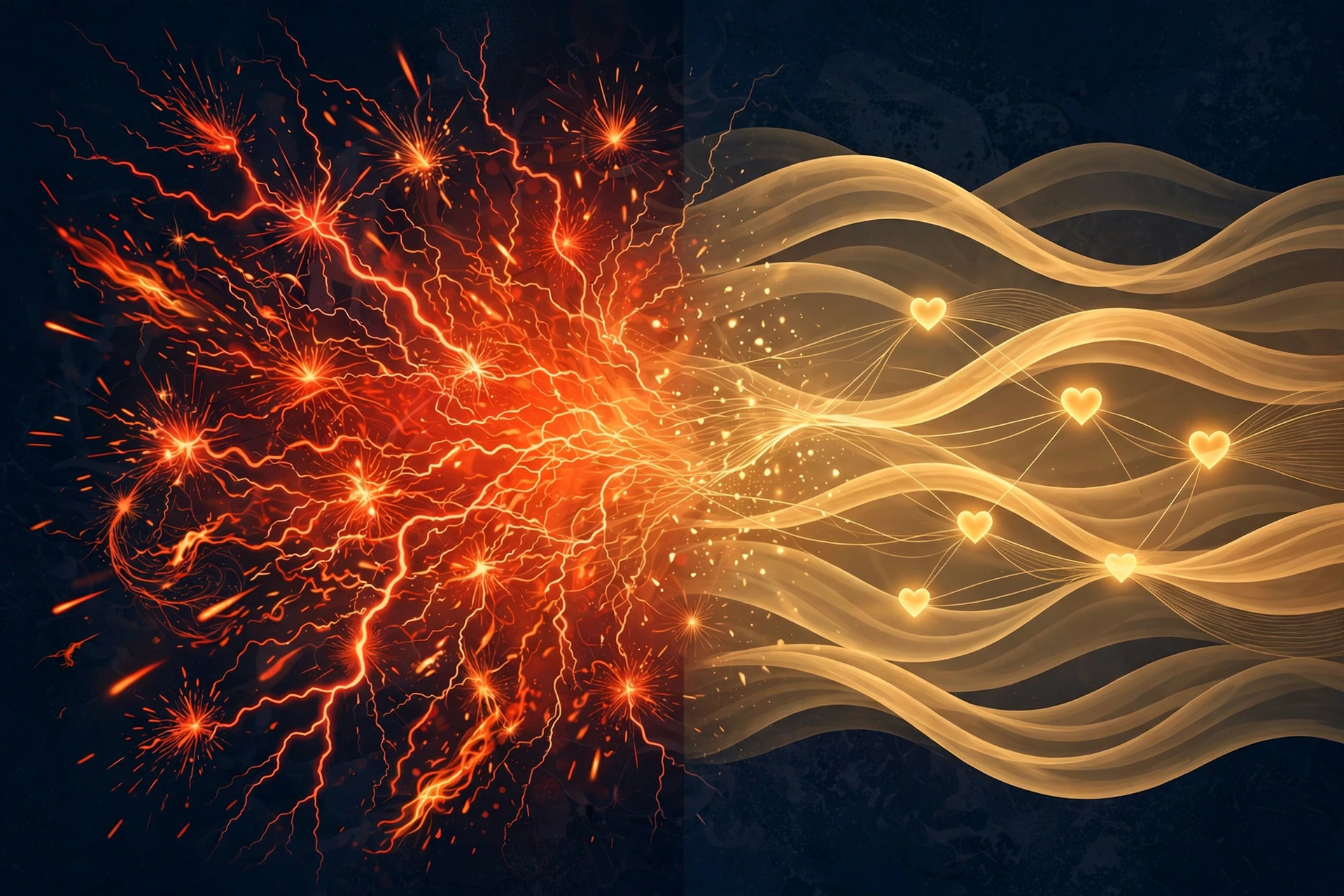 Abstract illustration showing fiery dopamine sparks of new love transitioning into calm golden waves of long-term attachment chemistry