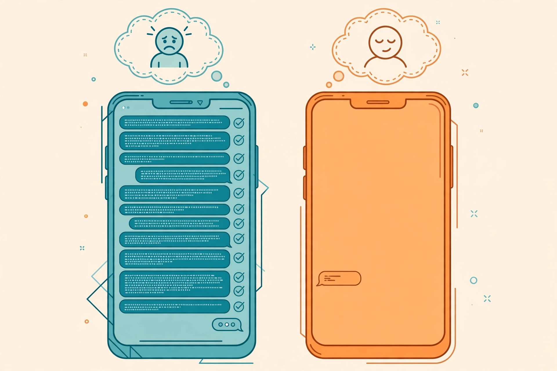 Editorial illustration contrasting mismatched texting styles in a relationship: one phone full of long anxious messages, the other nearly empty with a single short reply
