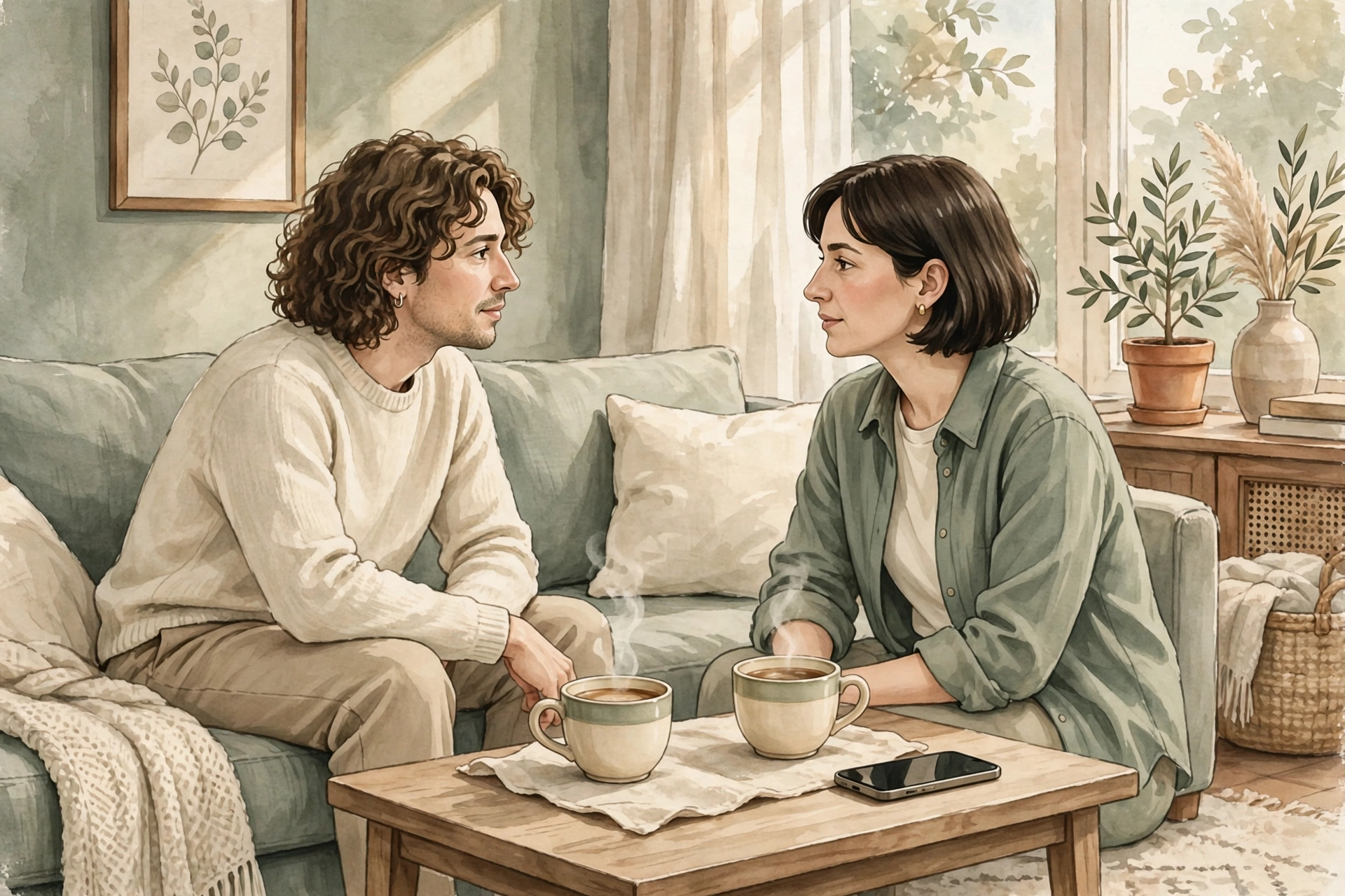 Tasteful illustration of a couple talking face to face with a phone set aside, symbolizing honest communication beyond text tone detection