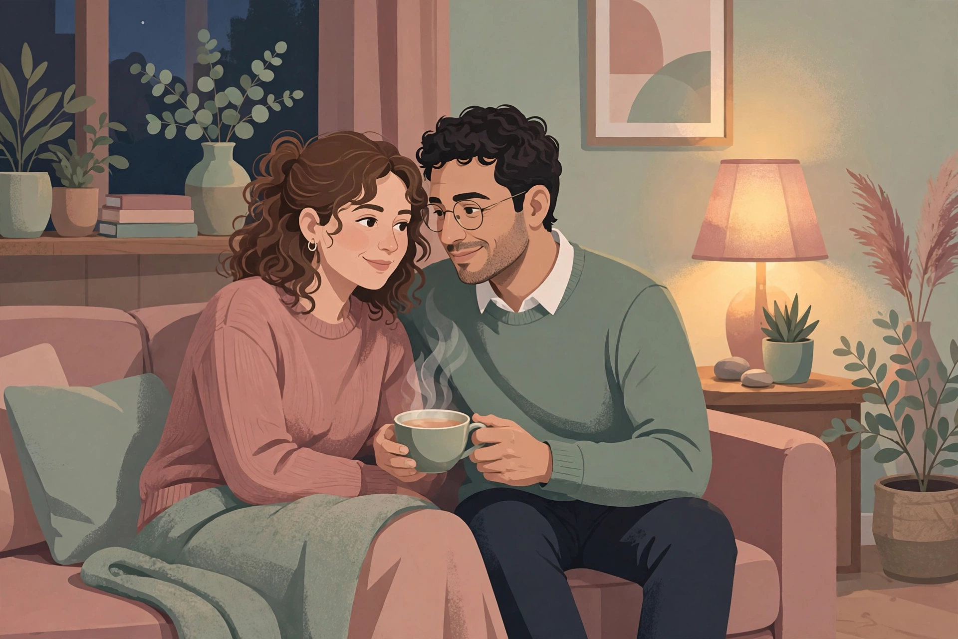 Couple reconnecting over tea on the couch after resolving a disagreement