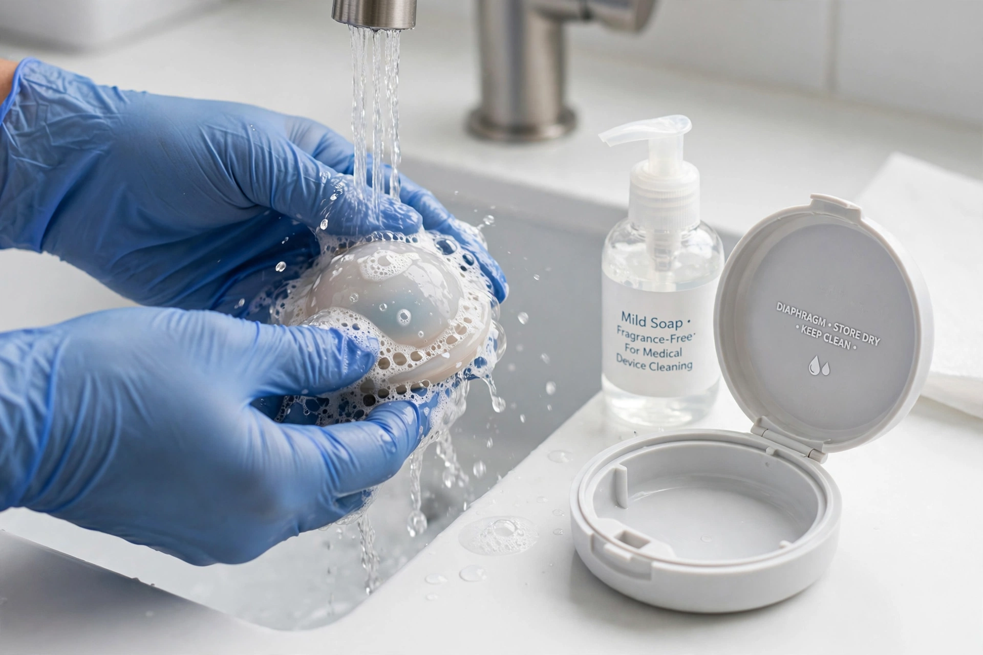 Hands in medical gloves washing a diaphragm birth control device with mild soap and water as part of proper care and cleaning