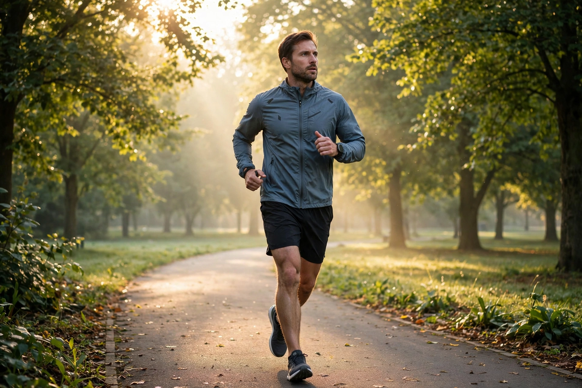 Man jogging on a park path at sunrise, showing how regular exercise supports blood flow and helps prevent losing erection during sex