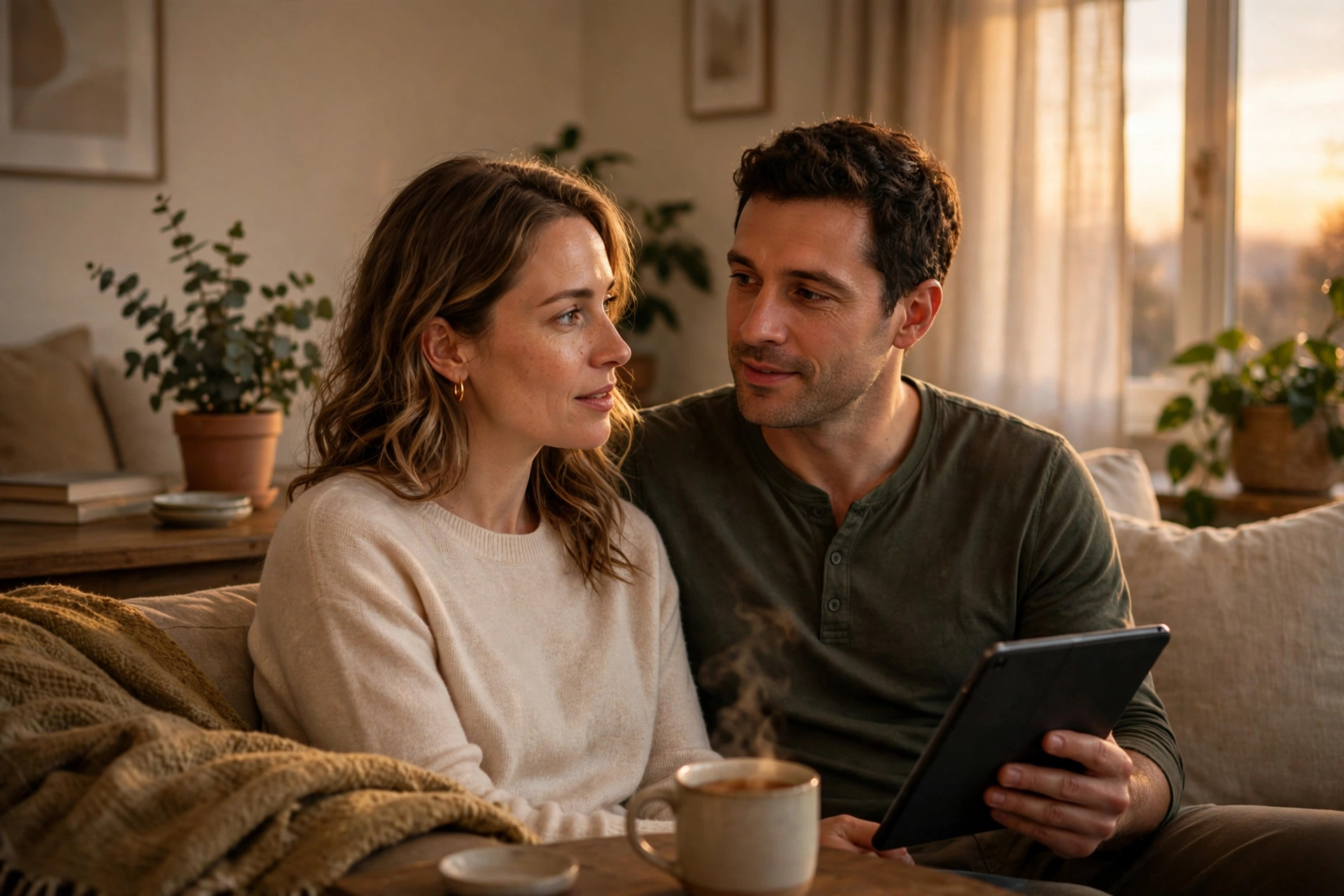 Couple having a calm, honest conversation about money on a couch at home, symbolizing rebuilding trust after financial infidelity