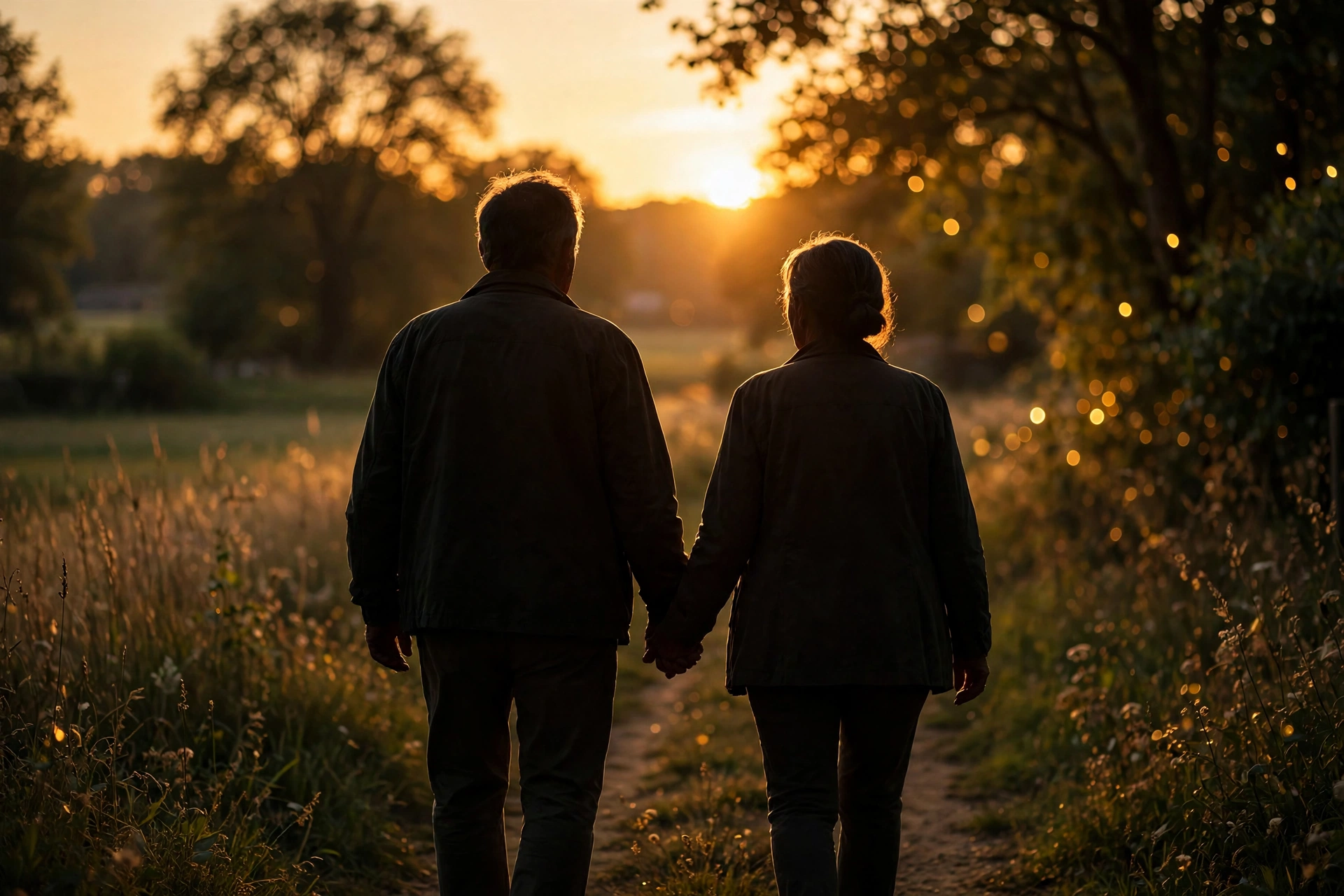 Silhouette of a long-married couple walking hand in hand at sunset, symbolizing enduring long-term bonding