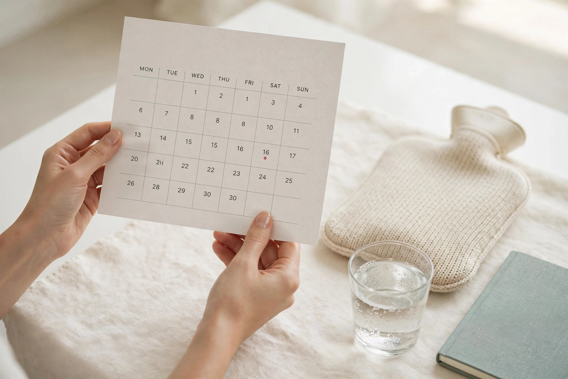 Hands holding a monthly calendar with a marked date beside a hot water bottle, illustrating tracking painful periods after 40