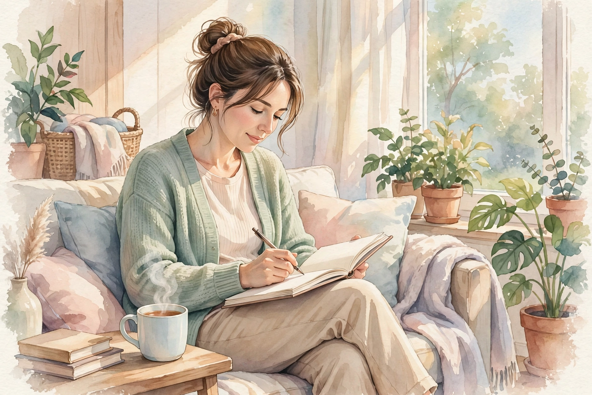 anxious attachment style - Woman peacefully journaling in a bright cozy living room with a cup of tea, practicing self-soothing exercises for emotional wellness