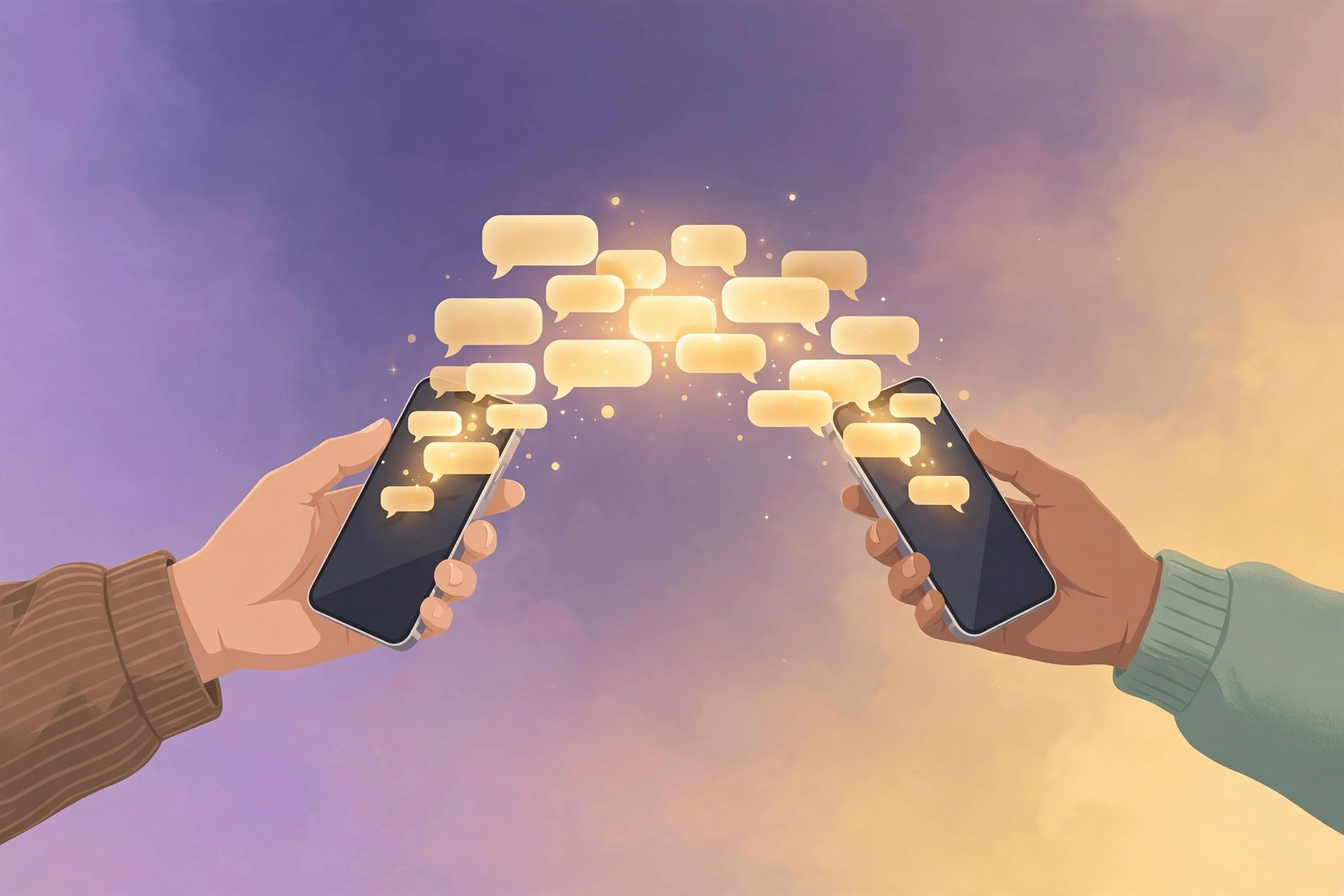 Editorial illustration of two hands holding smartphones connected by a glowing bridge of chat bubbles, symbolizing repairing a texting misunderstanding in a relationship