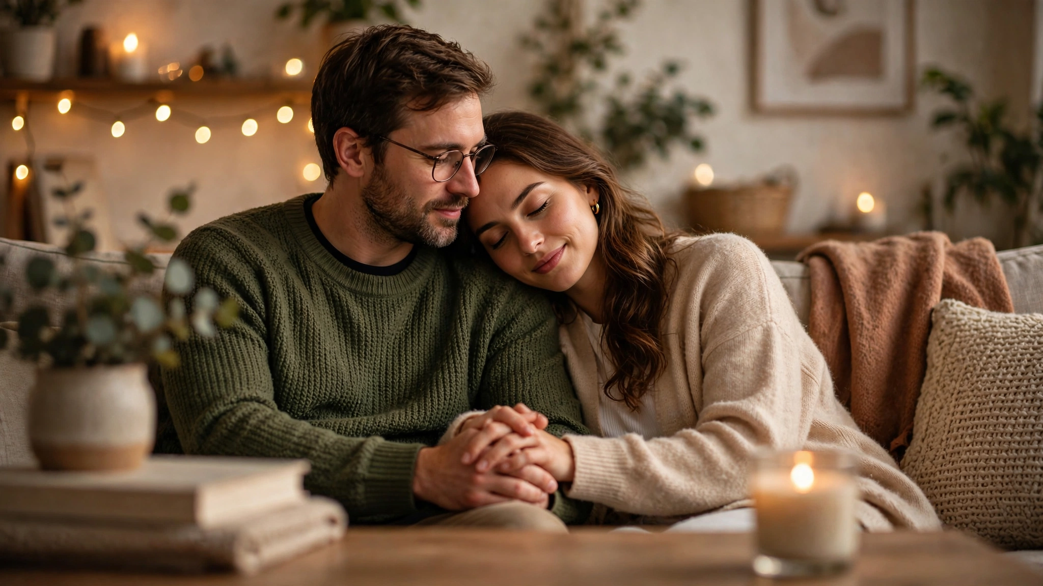 Couple holding hands and embracing on a couch, supporting each other through infertility