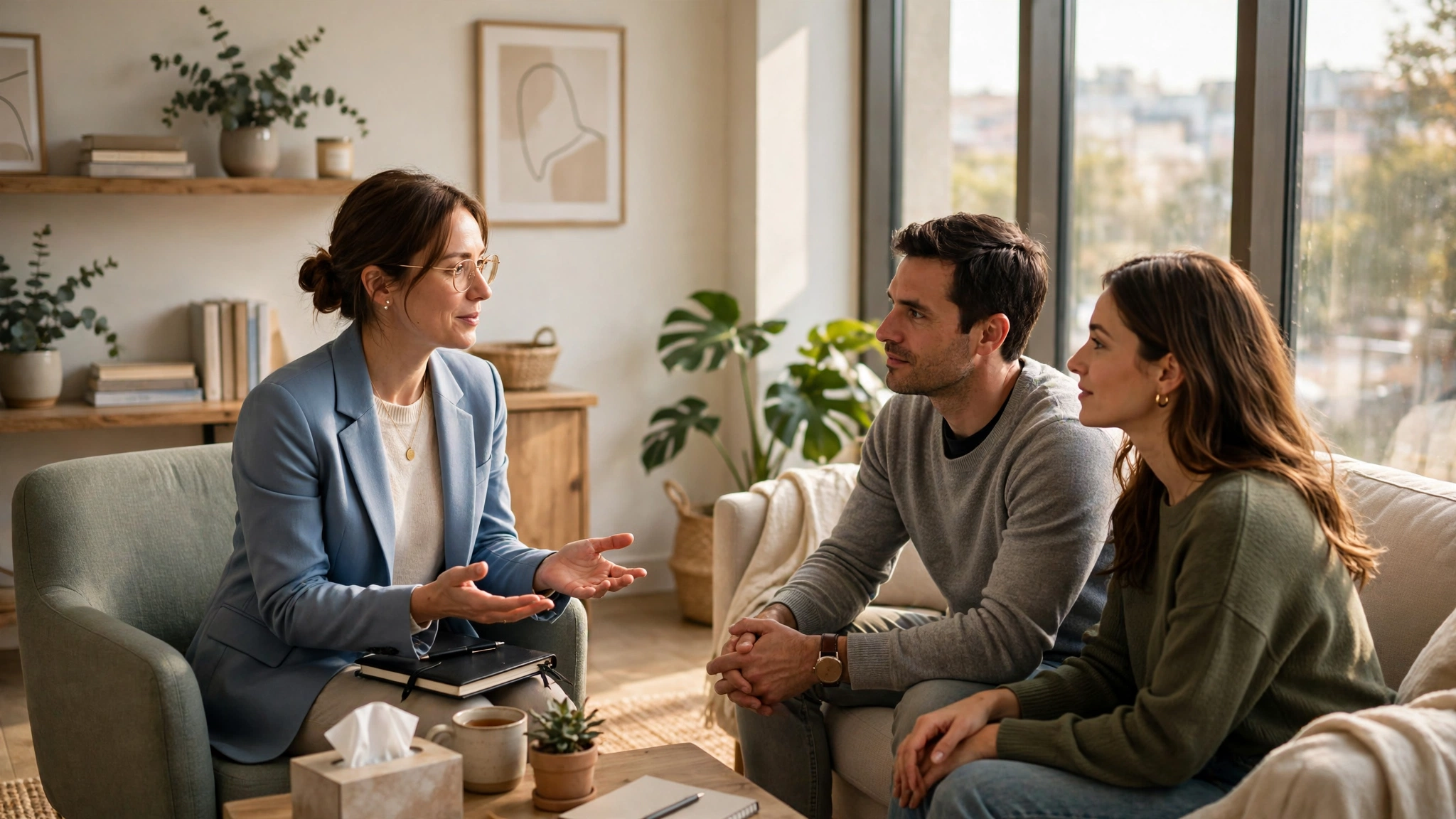 Counselor guiding a couple during a therapy session about infertility and sex and rebuilding intimacy