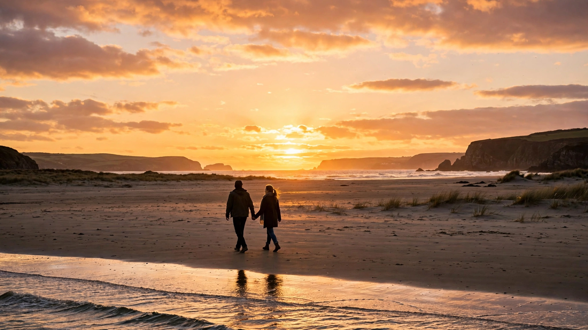 Couple walking hand in hand at sunset, reconnecting emotionally