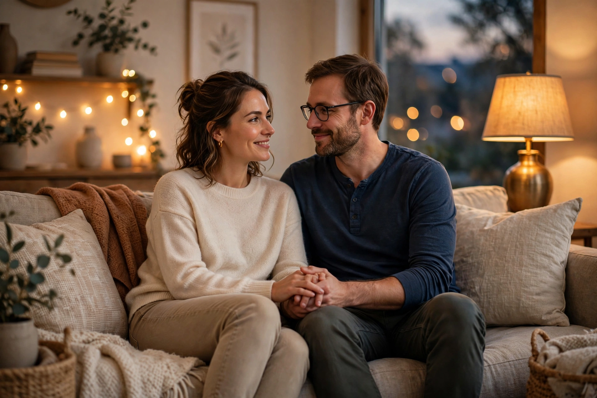 Couple holding hands on a cozy sofa at dusk, representing pressure-free intimacy