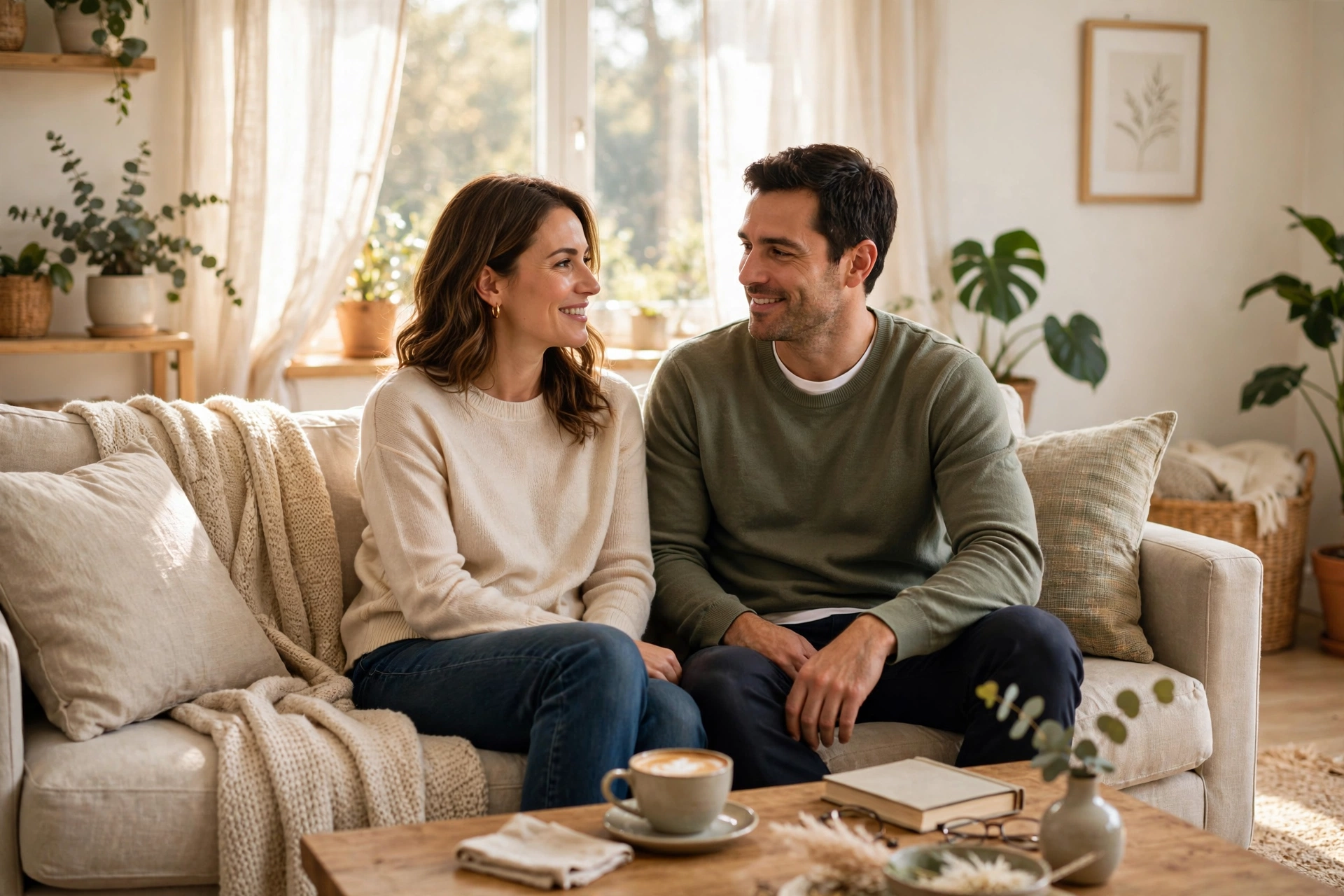 Couple having a relaxed conversation on a bright living room couch