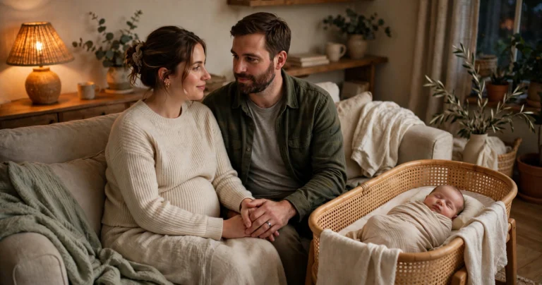 New parents holding hands on a couch beside their sleeping newborn in a warmly lit living room