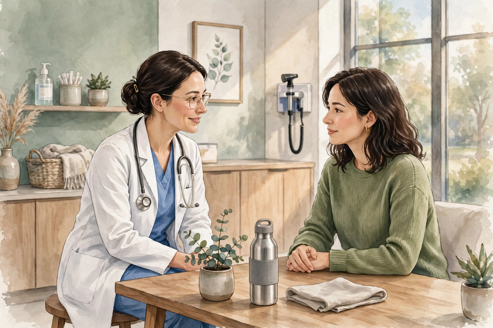 A female doctor consulting a woman patient in a modern clinic office