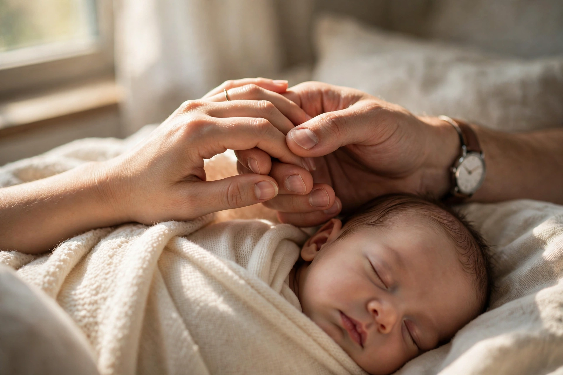 Close-up of new parents' hands resting over a sleeping baby — a guide to sex after baby