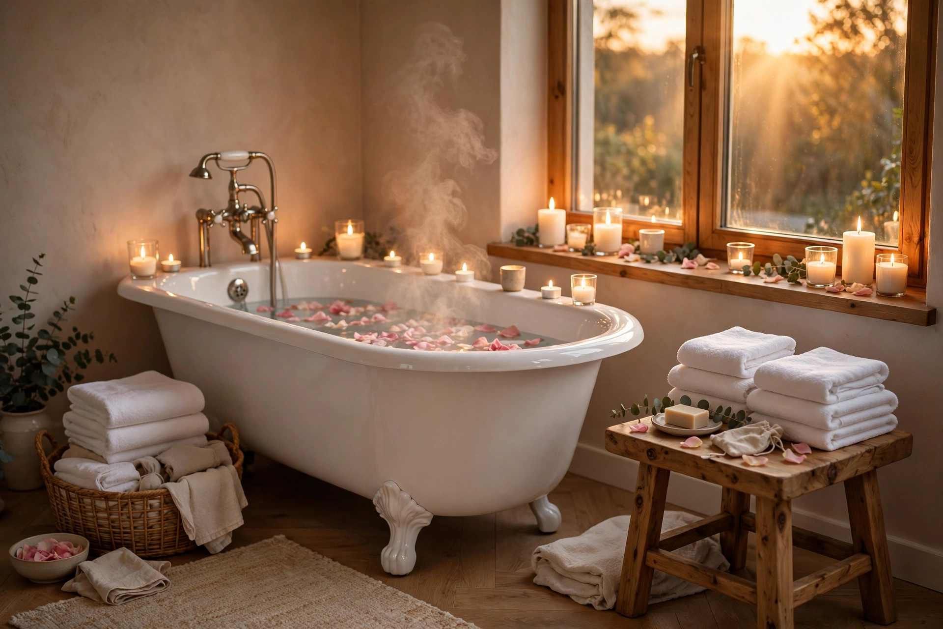 Candlelit bathtub filled with warm water and rose petals prepared for a couples bath intimacy ritual