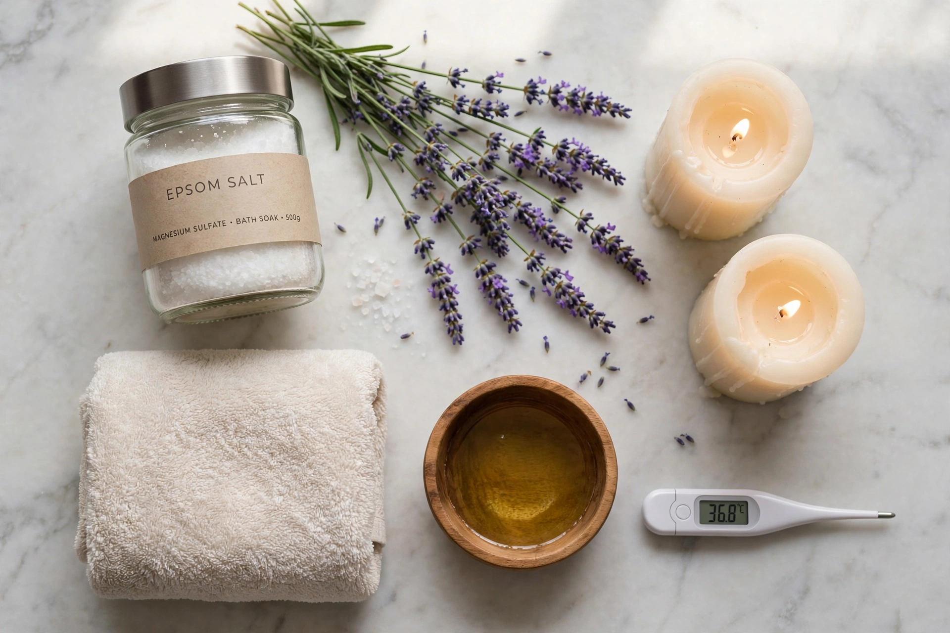 Flat-lay of bath ritual preparation items: Epsom salt, lavender, candles, towel, and a thermometer
