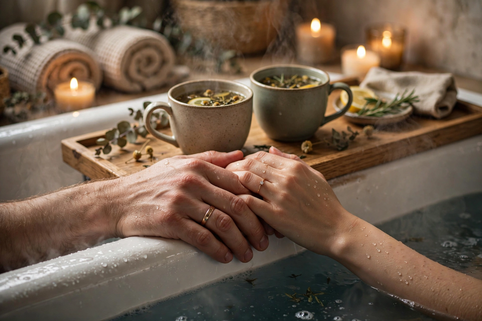 Couple holding hands over the edge of a steaming bathtub with herbal tea on a wooden bath tray