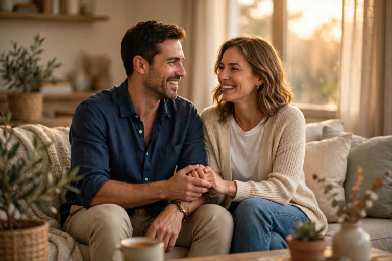 A happy couple holding hands and smiling on a sofa, illustrating how complimenting your partner can build desire and closeness