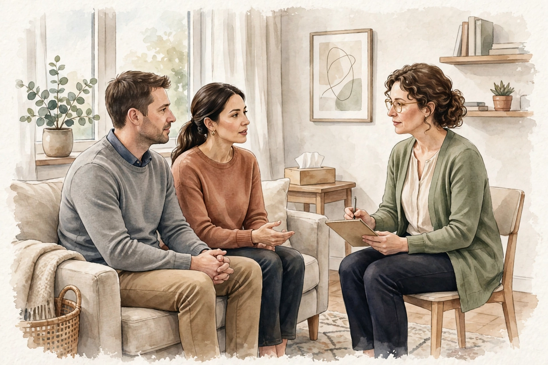 A couple talking with a therapist in a bright office, representing when to seek help if desire problems persist