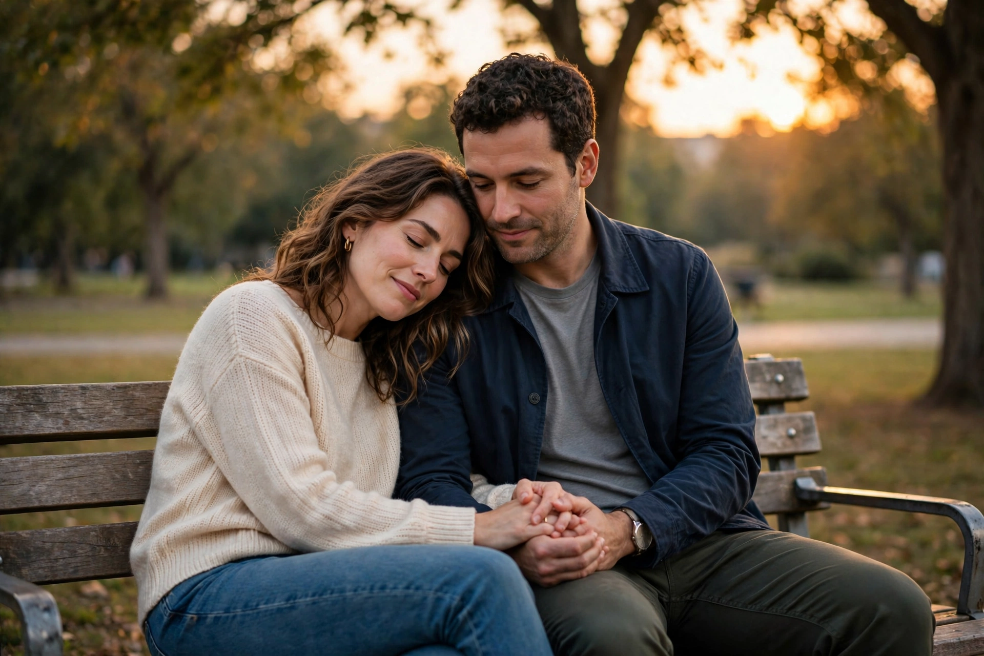 A couple sitting close on a park bench at sunset, one partner's head resting on the other's shoulder, conveying emotional comfort and connection