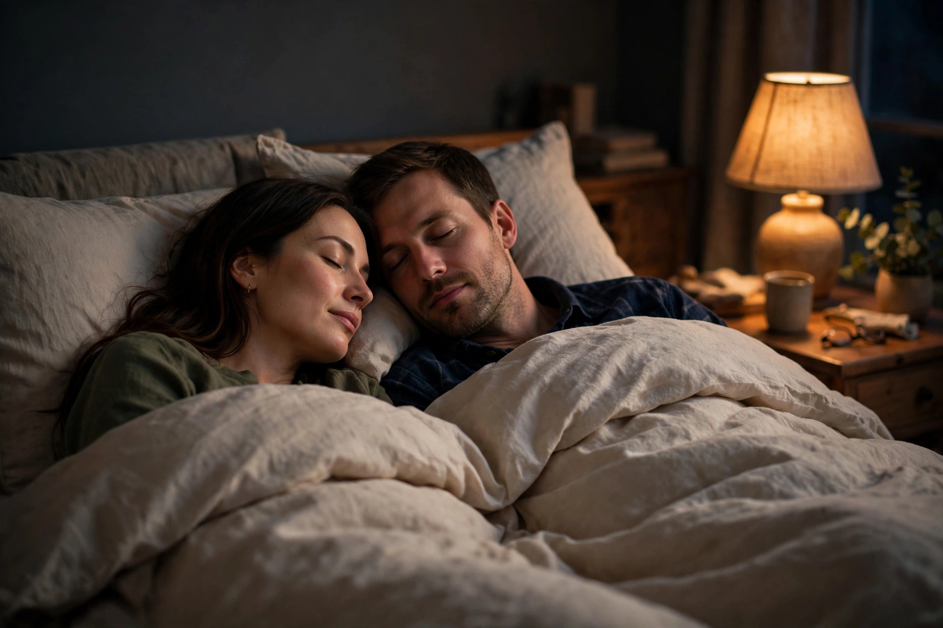 A couple lying close together under a duvet in a dimly lit bedroom, showing how cuddling supports deeper, more restful sleep