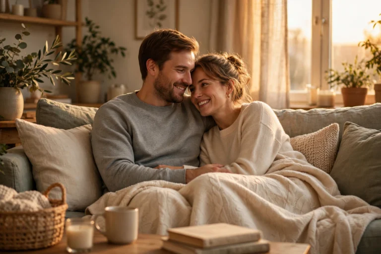 A happy couple cuddling together on a sofa under a warm blanket, illustrating the cuddling benefits couples gain from daily affectionate touch