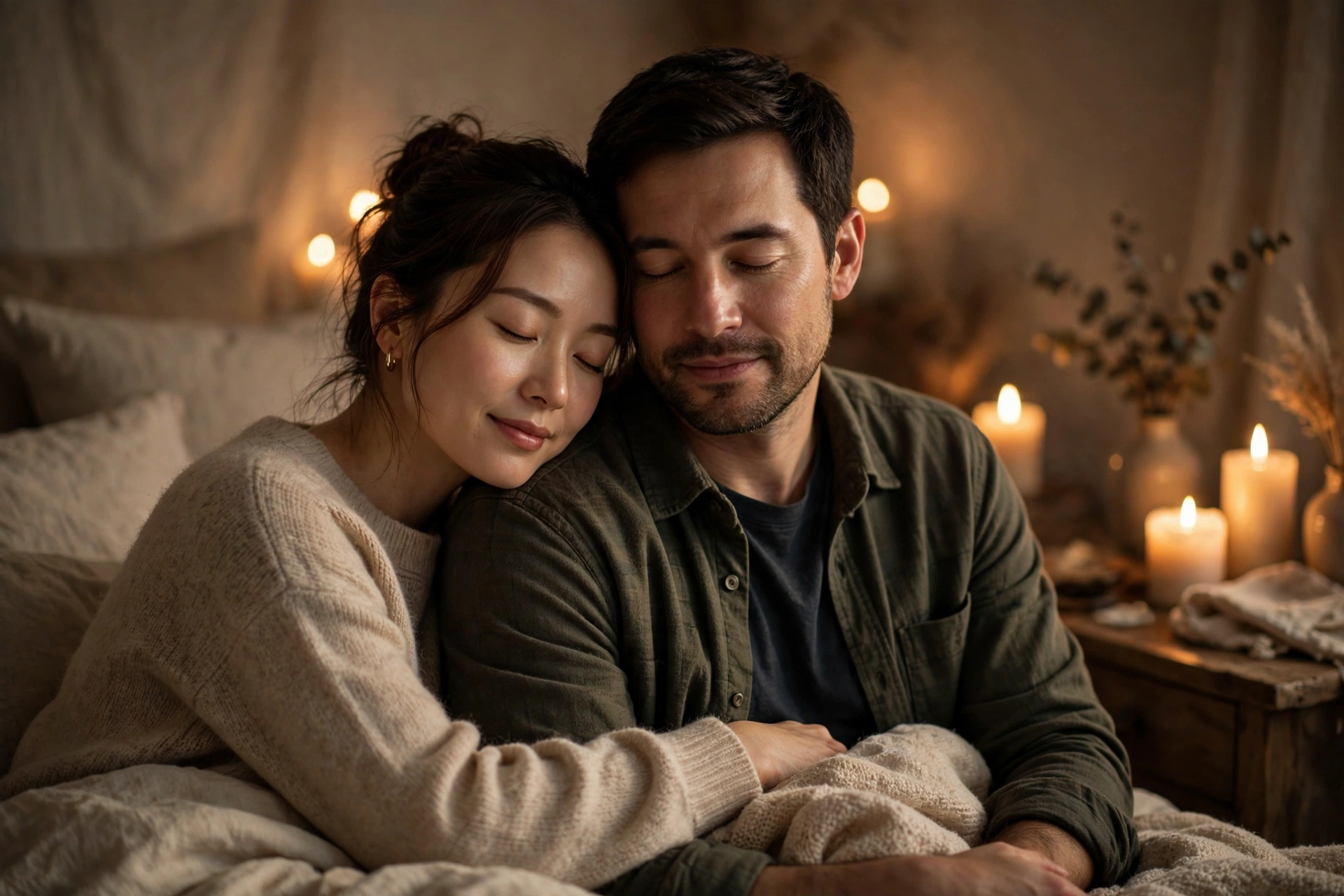 Fully clothed couple resting close together in warm candlelight, a slow sex couples guide to mindful intimacy