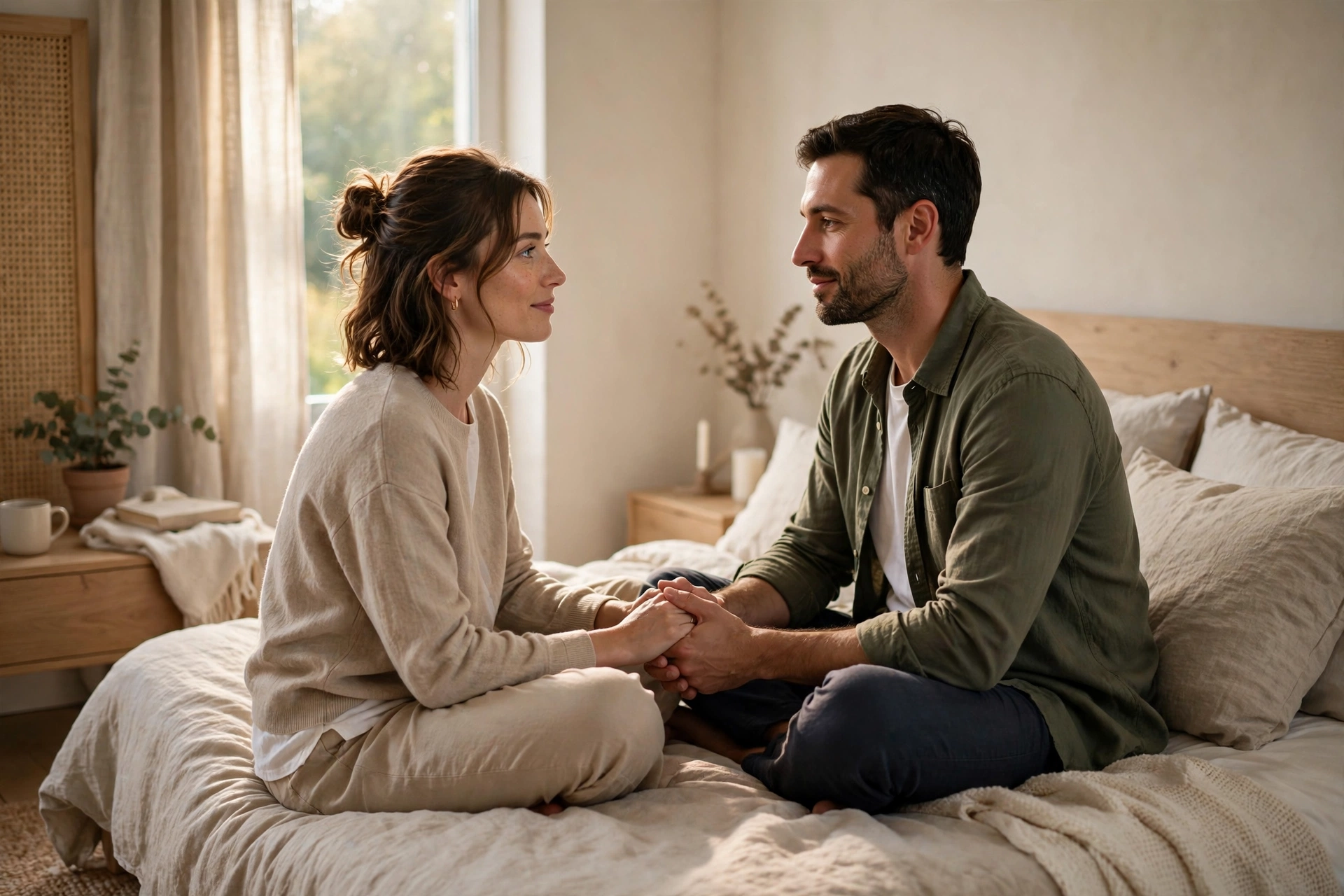 Couple sitting face to face on a bed, holding hands and maintaining gentle eye contact during an intimate moment
