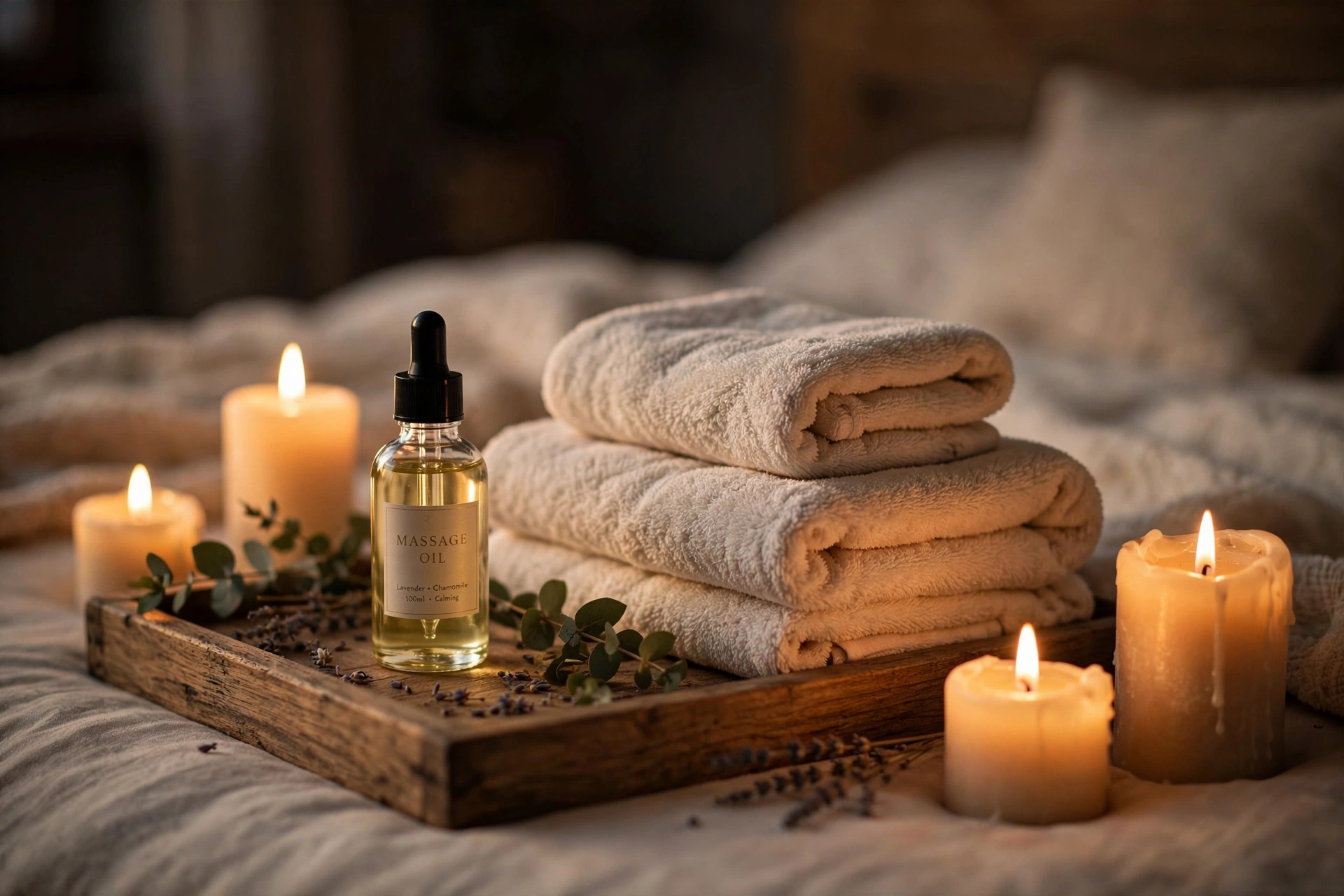 Still-life scene with lit candles, massage oil, and folded towels arranged for a calm romantic evening