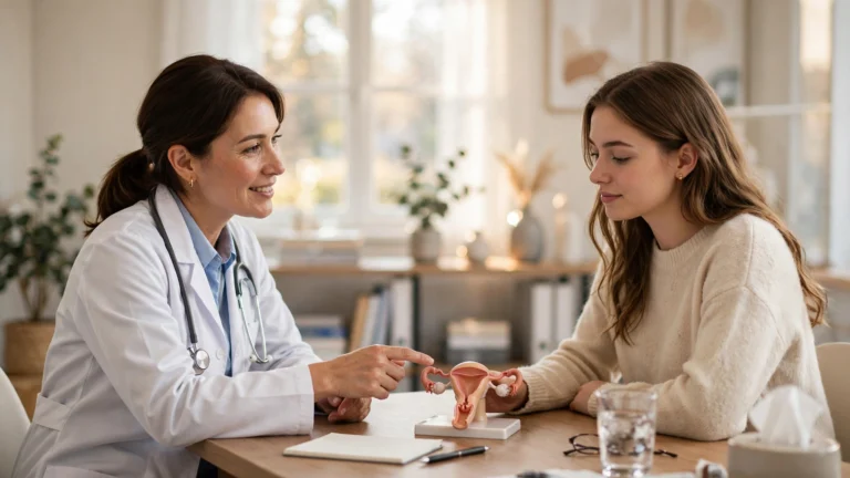 A female doctor discussing the IUD for heavy periods with a patient in a bright clinic